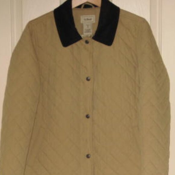 L.L. Bean Tan Quilted Long Coat MP Thermore Chore Barn Black Collar Excellent - Picture 1 of 16